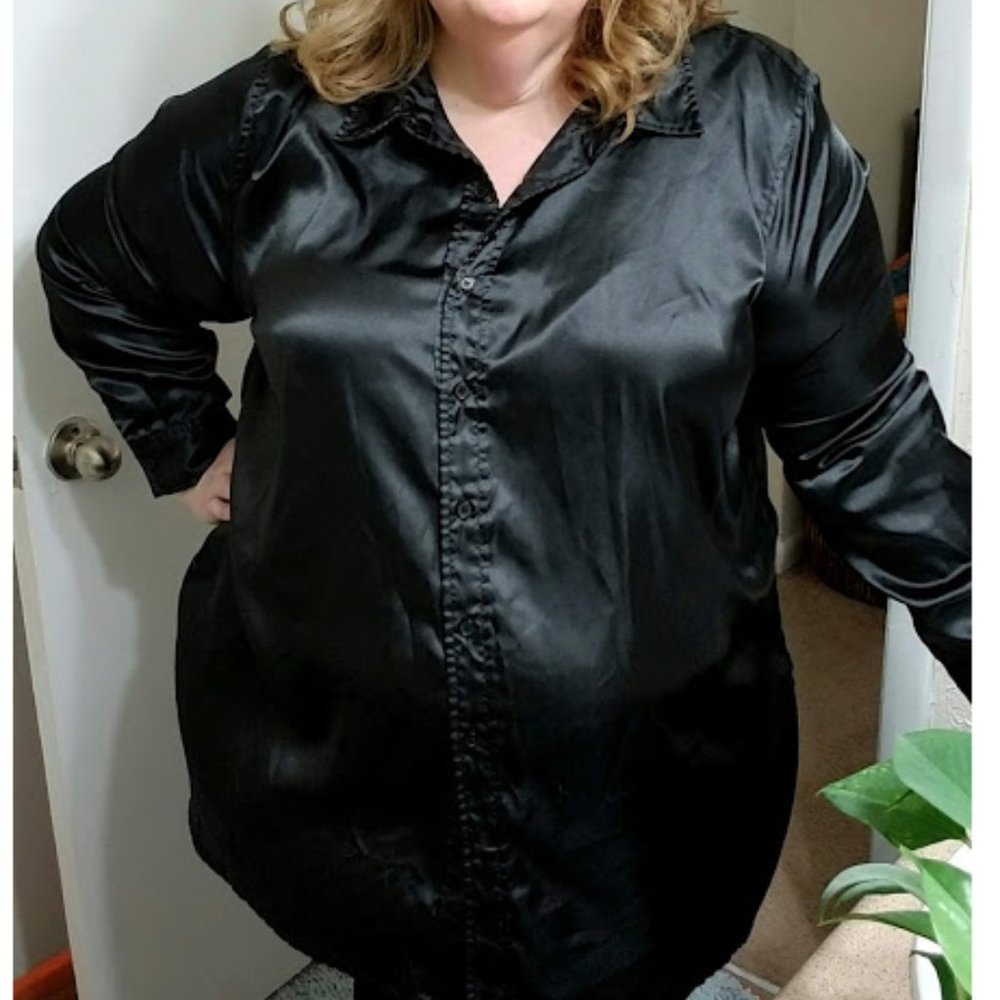 Black Satin Long Sleeve Button Shirt Plus 30W